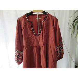 Boho Embroidered Peasant Blouse - Rust Orange, Size M